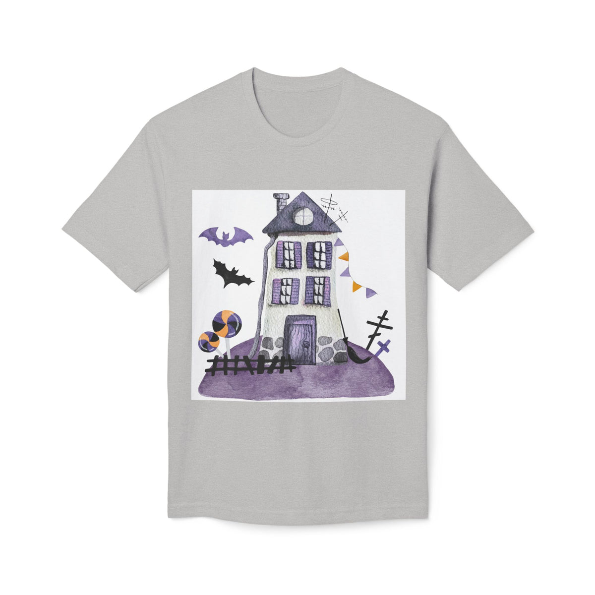 Halloween Haunted House T-Shirt — Purple Spooky Bat & Candy Design