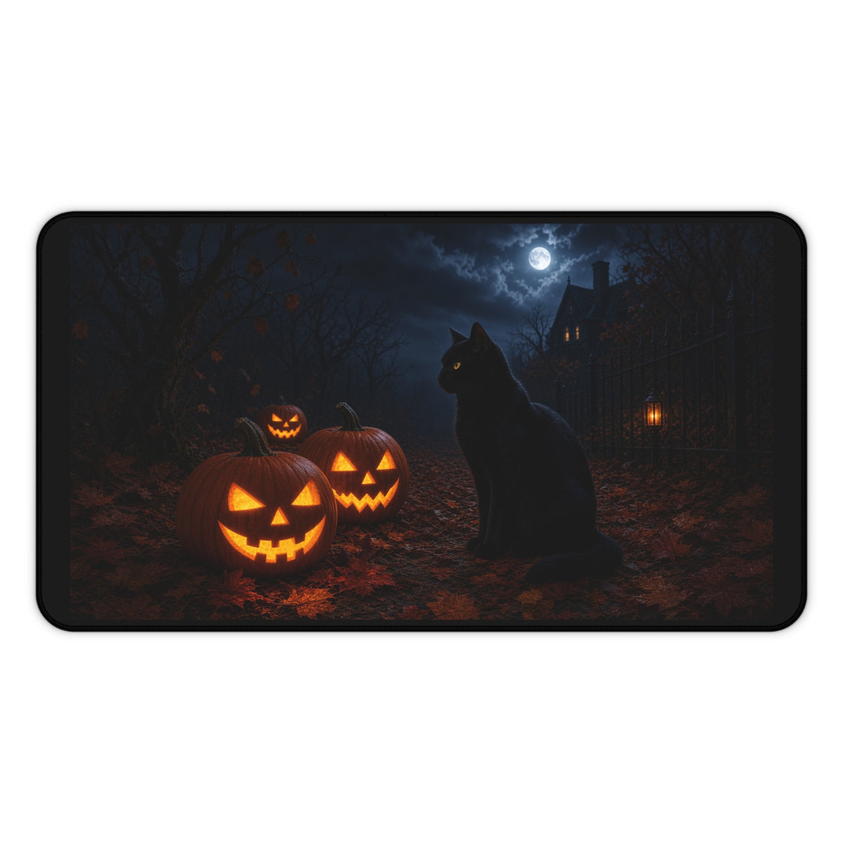Halloween Black Cat Desk Mat with Jack-O'-Lanterns — Spooky Moonlit Office Mouse Pad