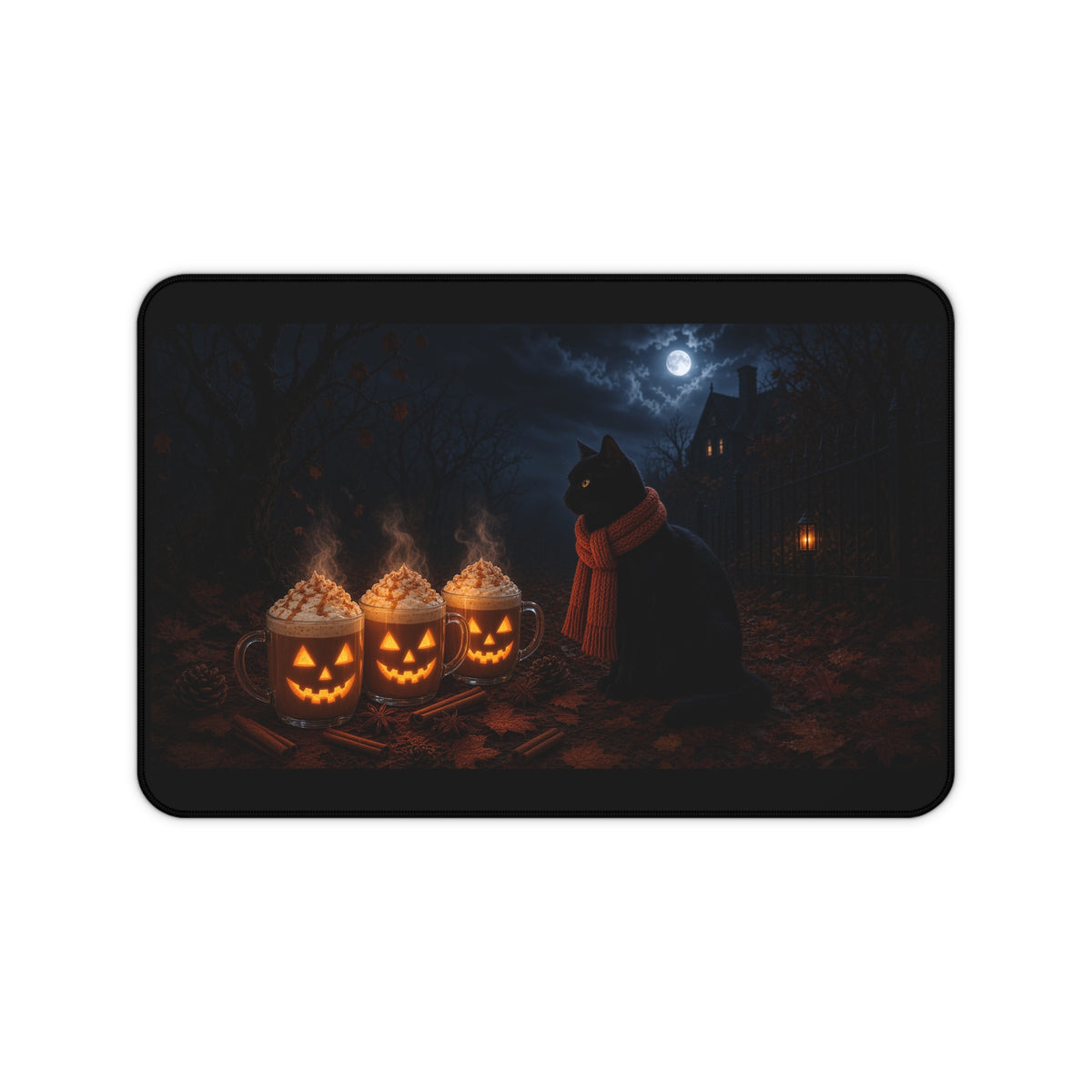 Halloween Cat Desk Mat — Black Cat with Pumpkin Spice Jack-O'-Lantern Mugs & Moonlit Night