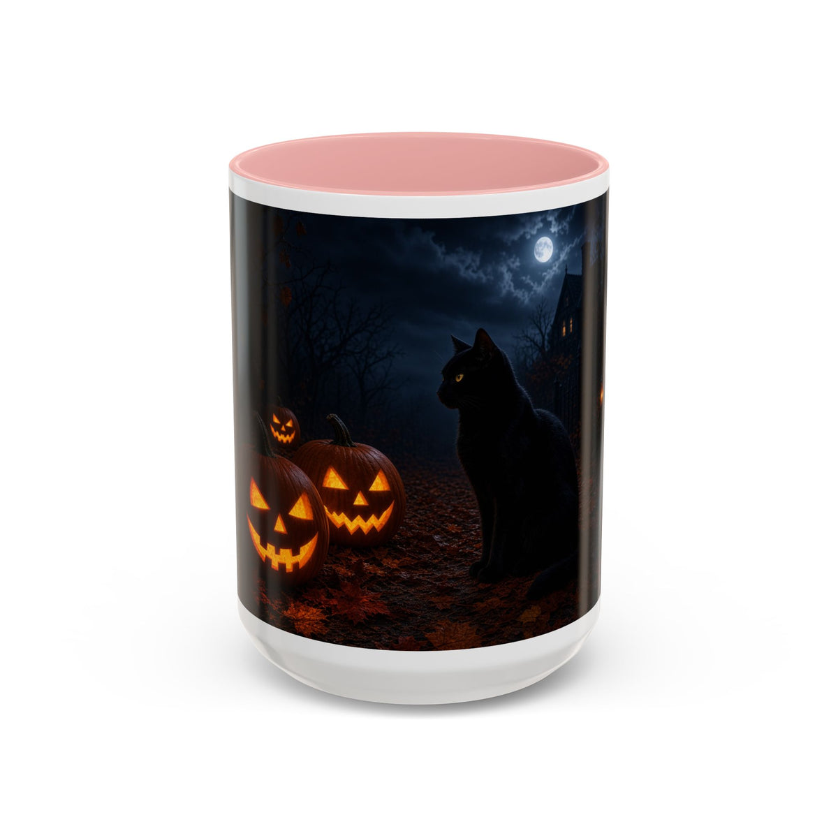Halloween Black Cat Accent Coffee Mug — Spooky Jack-o'-Lantern Night (Customizable)