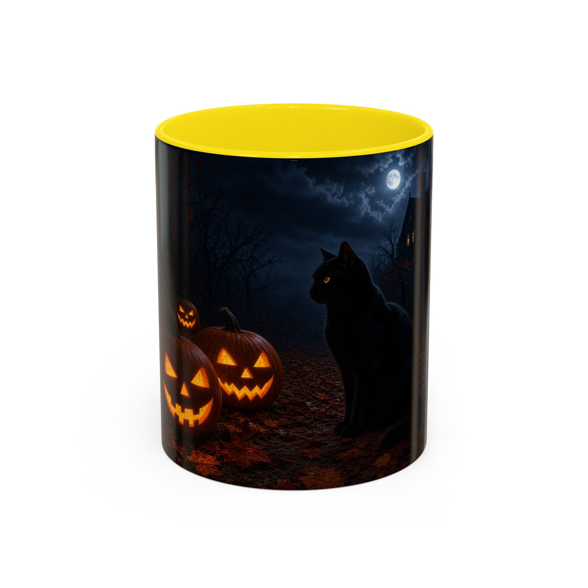 Halloween Black Cat Accent Coffee Mug — Spooky Jack-o'-Lantern Night (Customizable)