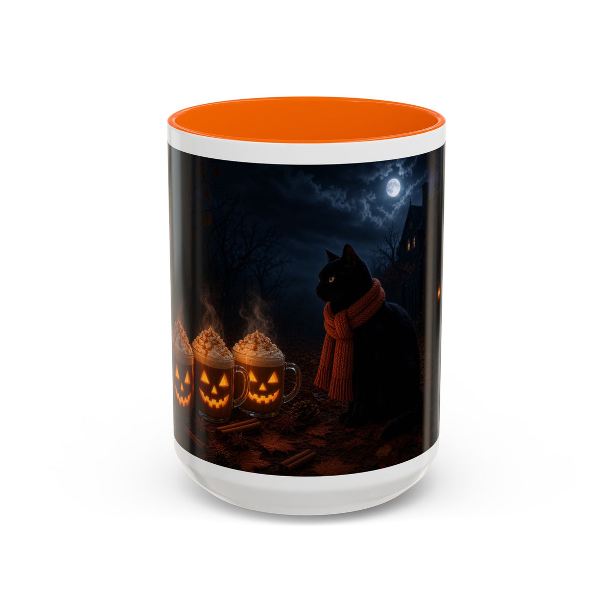 Halloween Black Cat Coffee Mug with Pumpkin Spice Jack-o’-Lanterns – Spooky Autumn Night Accent Mug