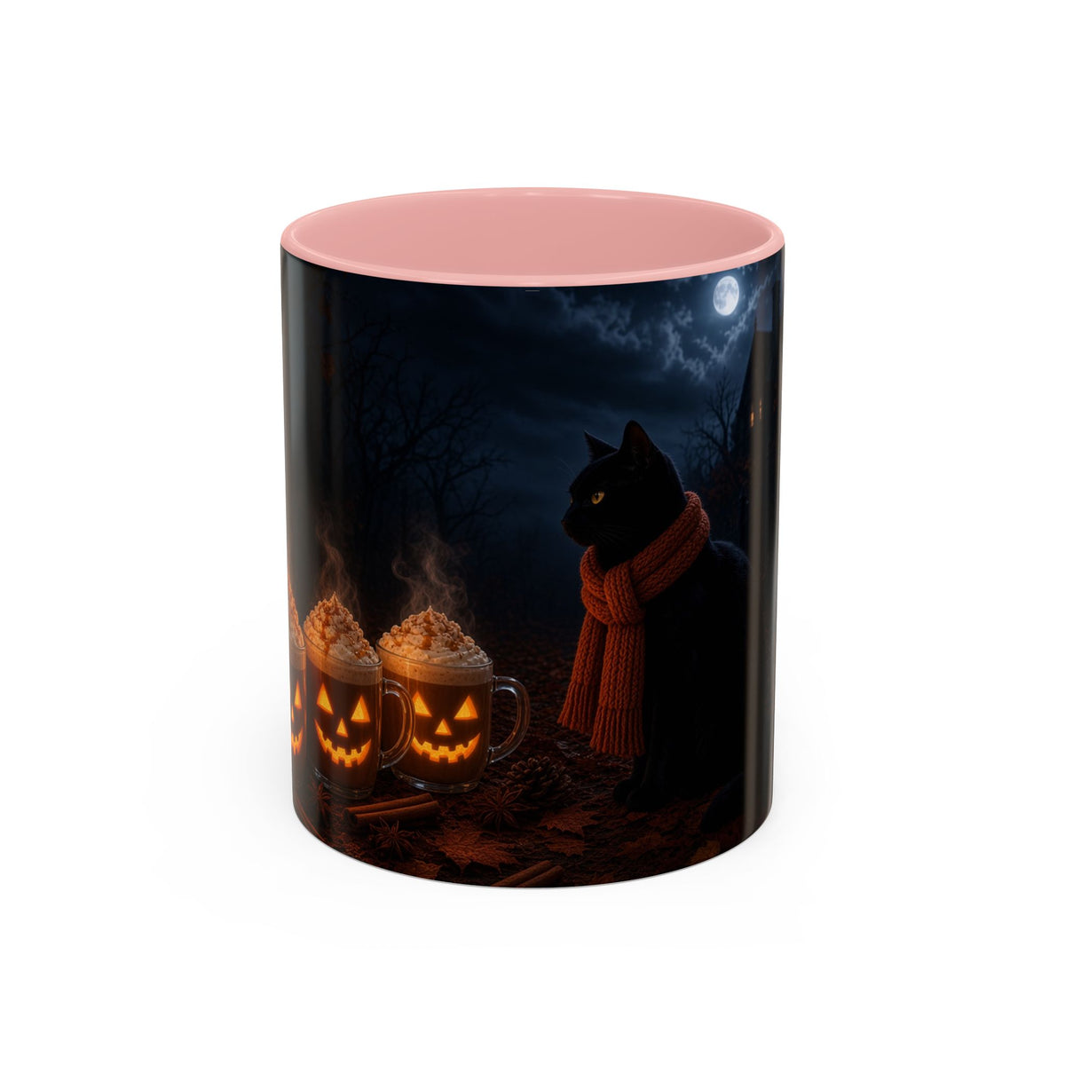 Halloween Black Cat Coffee Mug — Pumpkin Spice Jack-O’-Lantern Latte Accent Mug (11/15 oz)