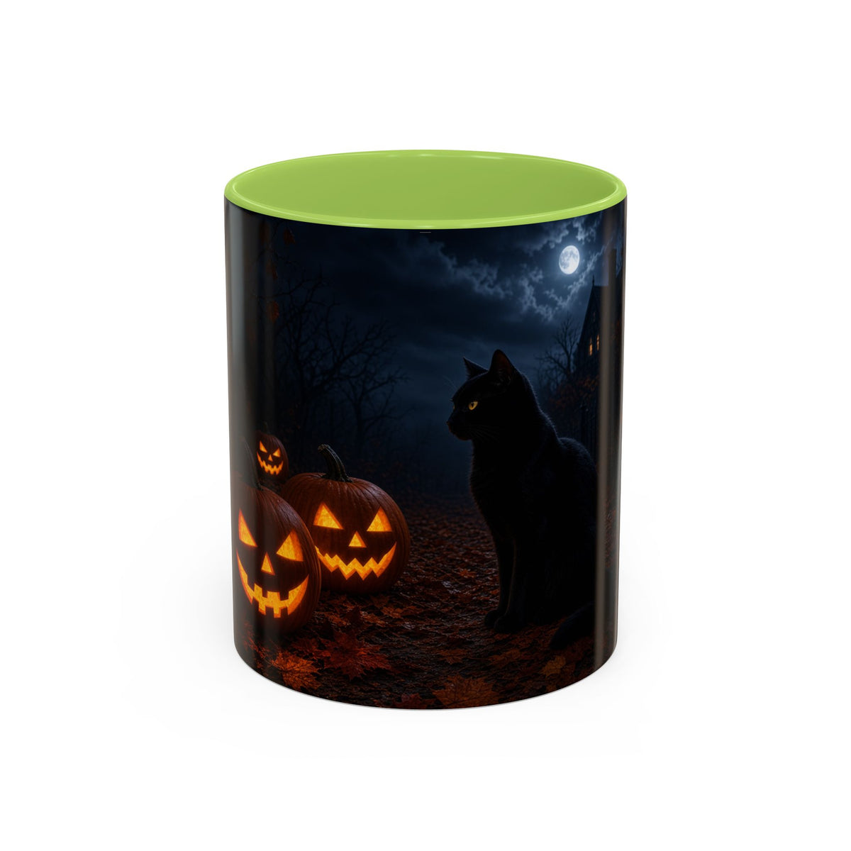 Halloween Black Cat Accent Coffee Mug — Spooky Jack-o'-Lantern Night (Customizable)
