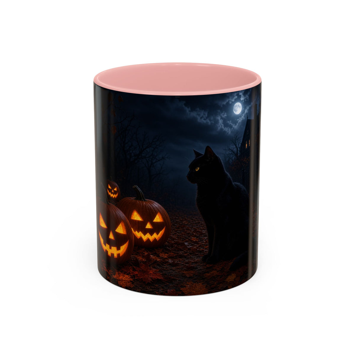 Halloween Black Cat Accent Coffee Mug — Spooky Jack-o'-Lantern Night (Customizable)