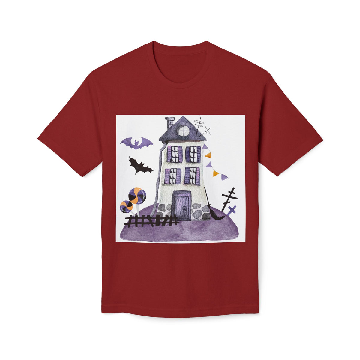 Halloween Haunted House T-Shirt — Purple Spooky Bat & Candy Design