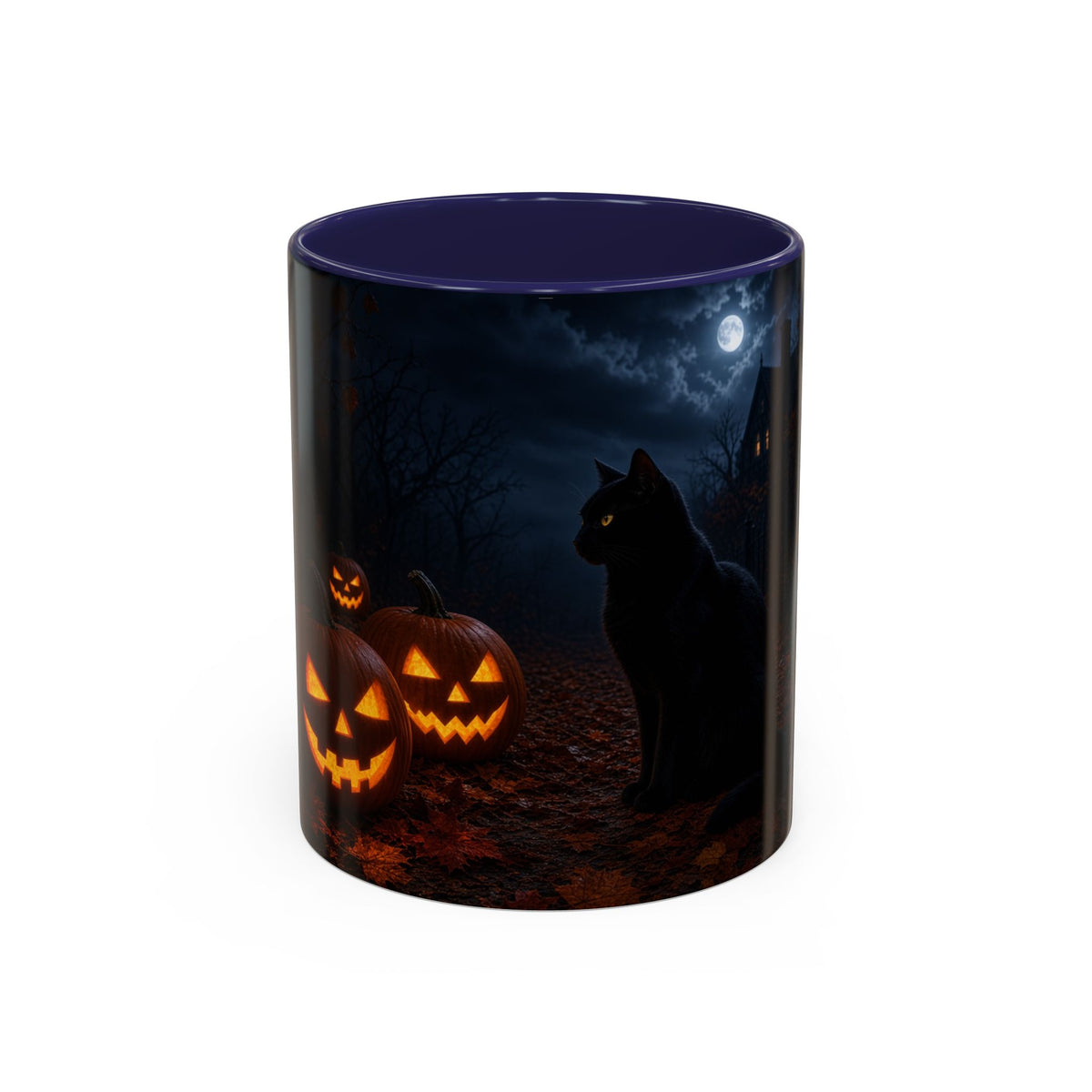 Halloween Black Cat Accent Coffee Mug — Spooky Jack-o'-Lantern Night (Customizable)