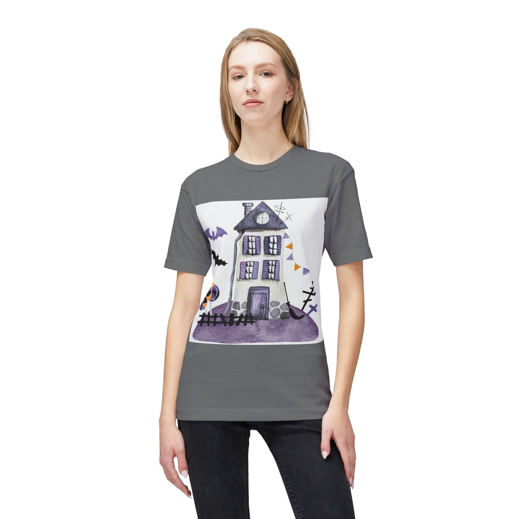 Halloween Haunted House T-Shirt — Purple Spooky Bat & Candy Design