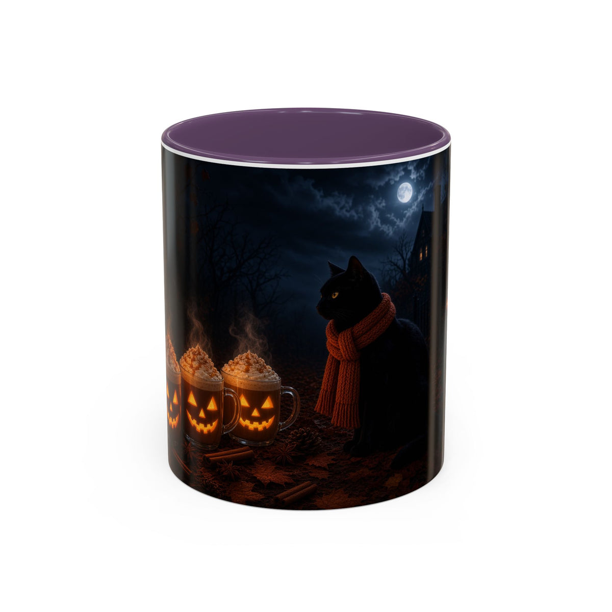 Halloween Black Cat Coffee Mug with Pumpkin Spice Jack-o’-Lanterns – Spooky Autumn Night Accent Mug