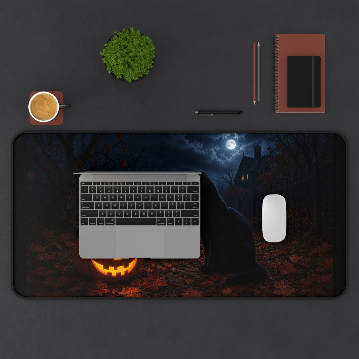 Halloween Black Cat Desk Mat with Jack-O'-Lanterns — Spooky Moonlit Office Mouse Pad
