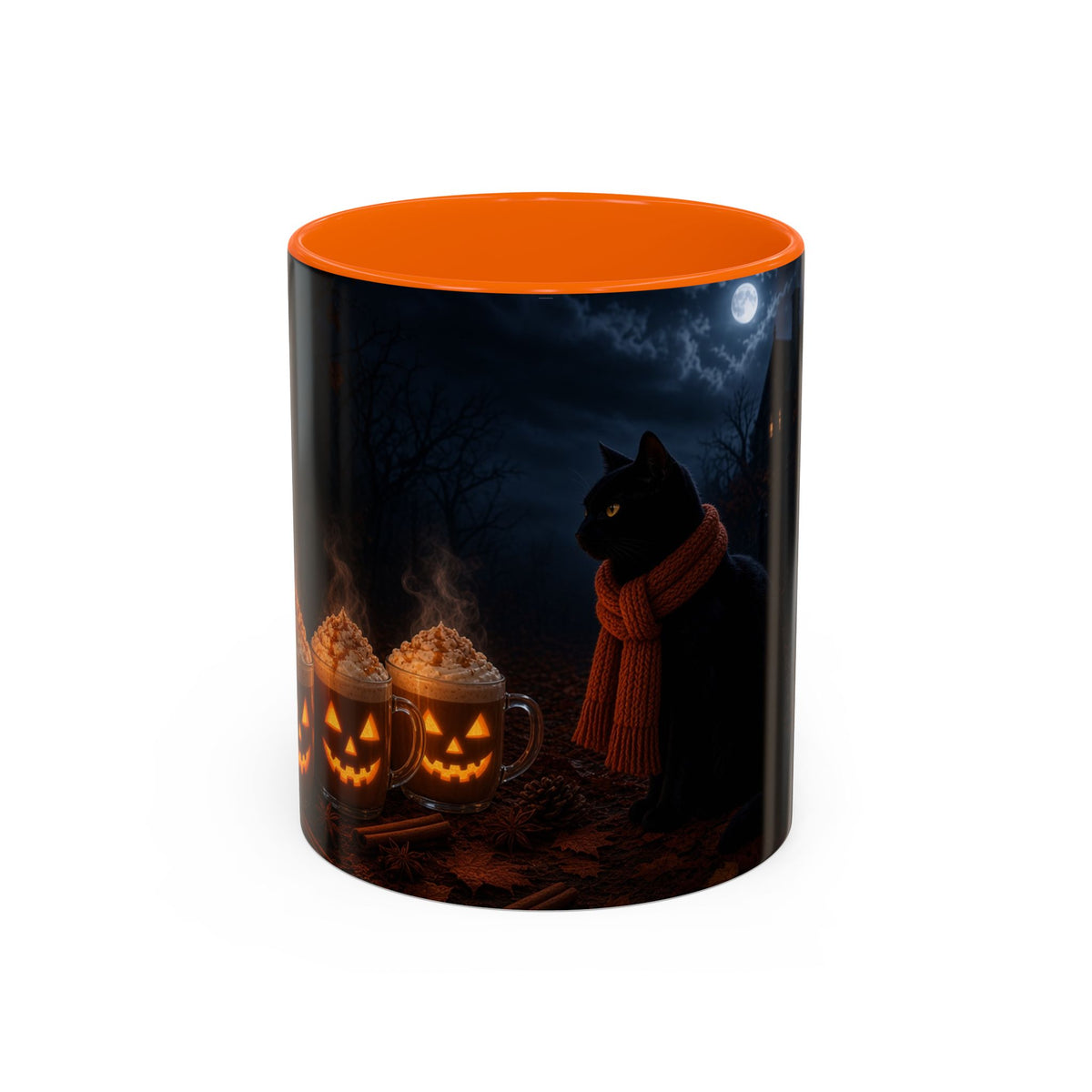 Halloween Black Cat Coffee Mug — Pumpkin Spice Jack-O’-Lantern Latte Accent Mug (11/15 oz)