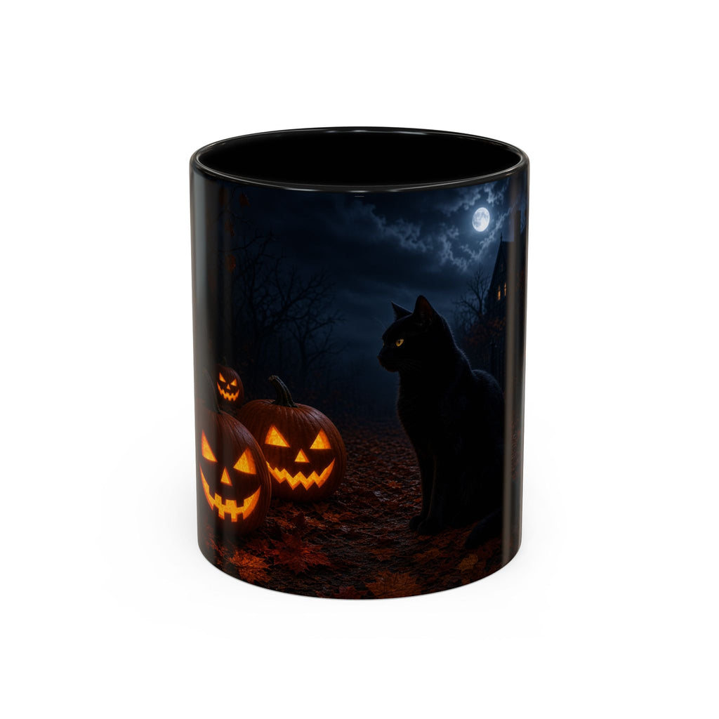 Halloween Black Cat Accent Coffee Mug — Spooky Jack-o'-Lantern Night (Customizable)