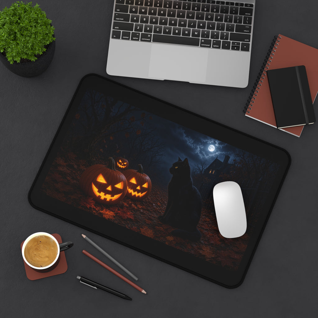 Halloween Black Cat Desk Mat with Jack-O'-Lanterns — Spooky Moonlit Office Mouse Pad