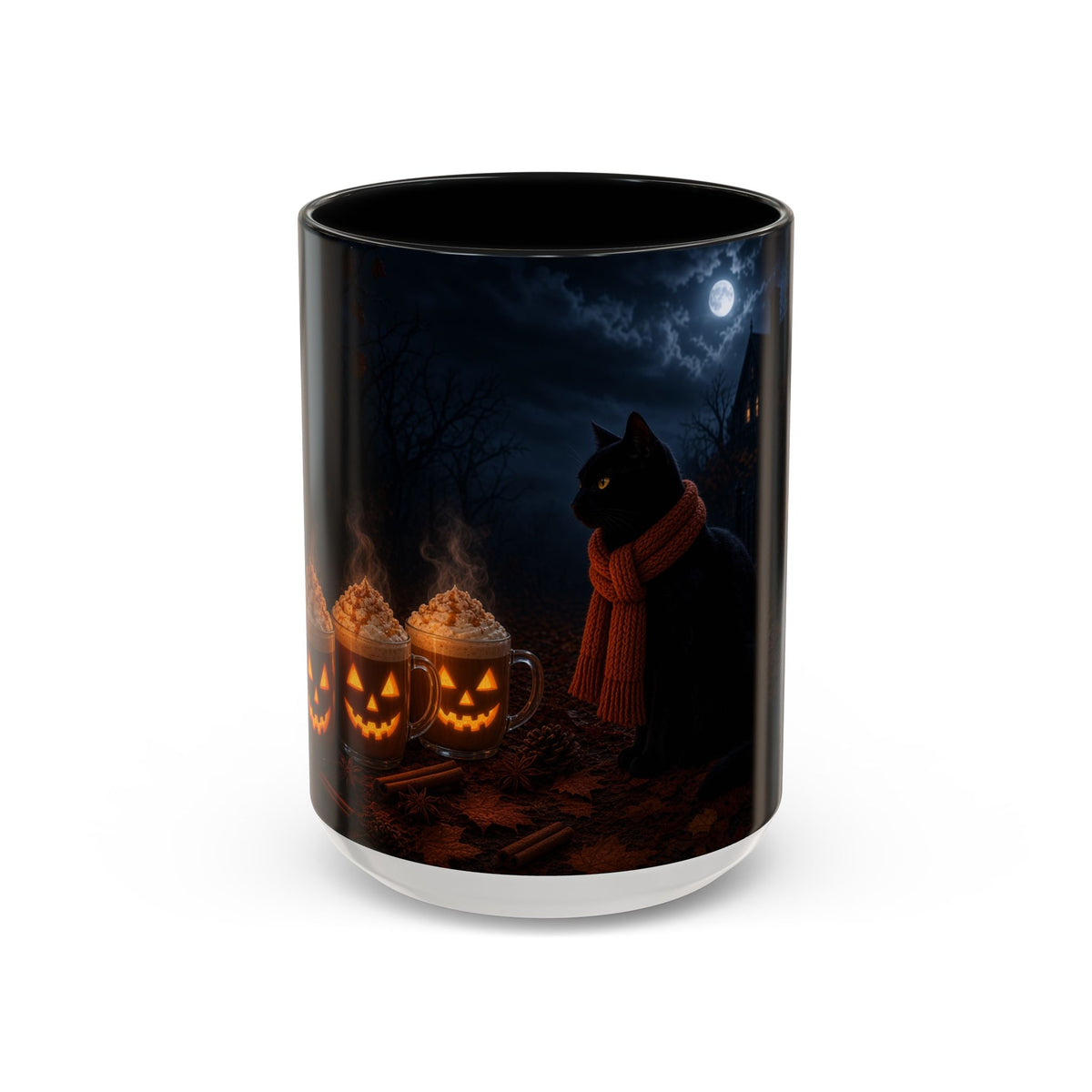 Halloween Black Cat Coffee Mug — Pumpkin Spice Jack-O’-Lantern Latte Accent Mug (11/15 oz)