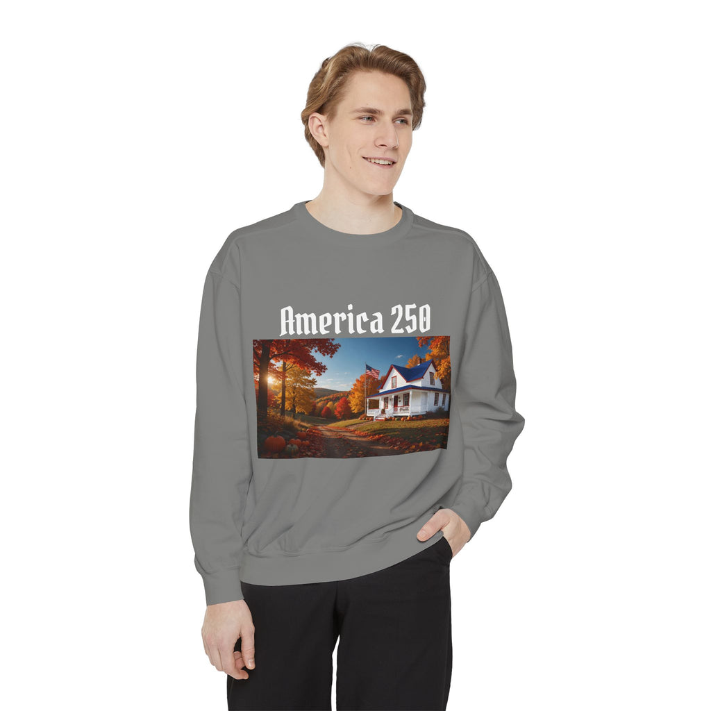 America 250 Fall Farmhouse Sweatshirt — Cozy Autumn Cottage - Printed in USA