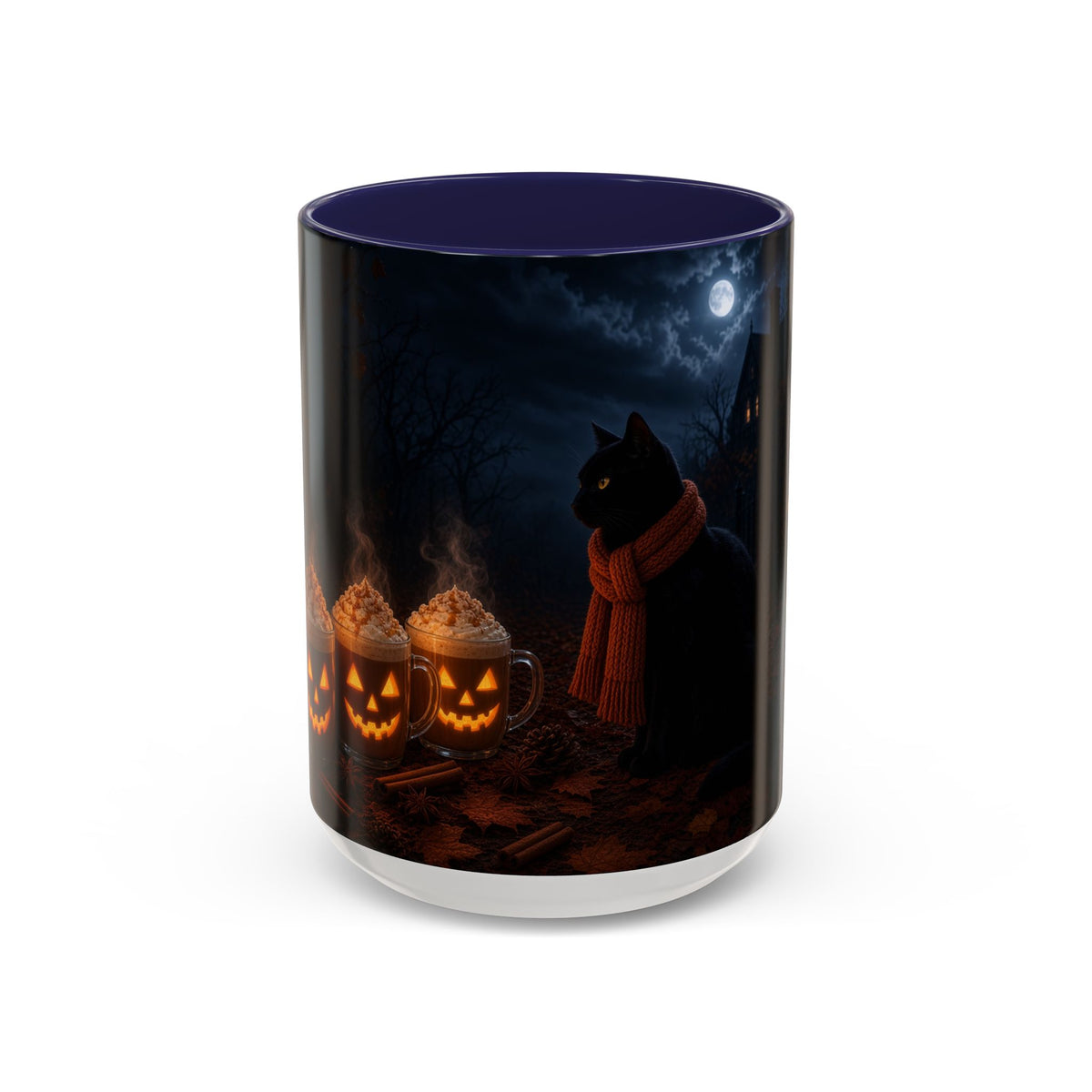 Halloween Black Cat Coffee Mug — Pumpkin Spice Jack-O’-Lantern Latte Accent Mug (11/15 oz)