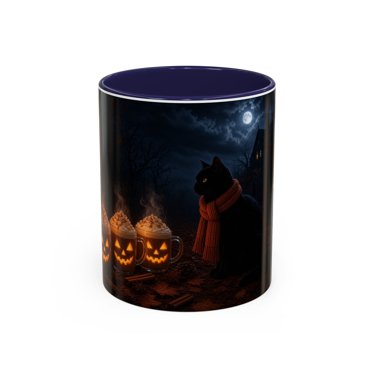 Halloween Black Cat Coffee Mug with Pumpkin Spice Jack-o’-Lanterns – Spooky Autumn Night Accent Mug