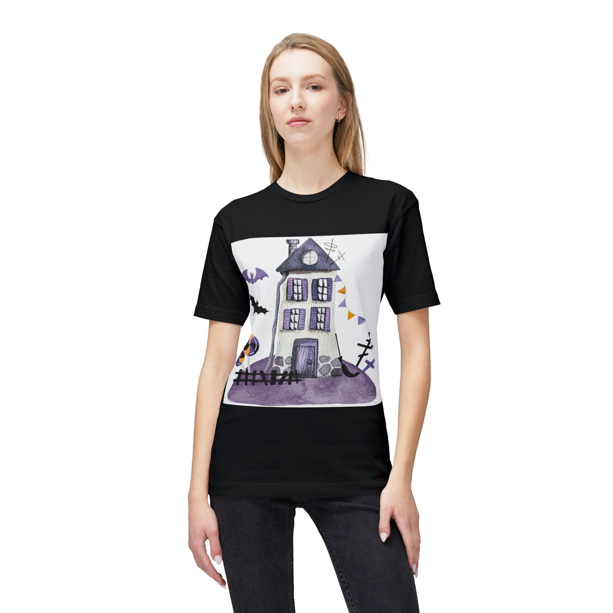 Halloween Haunted House T-Shirt — Purple Spooky Bat & Candy Design