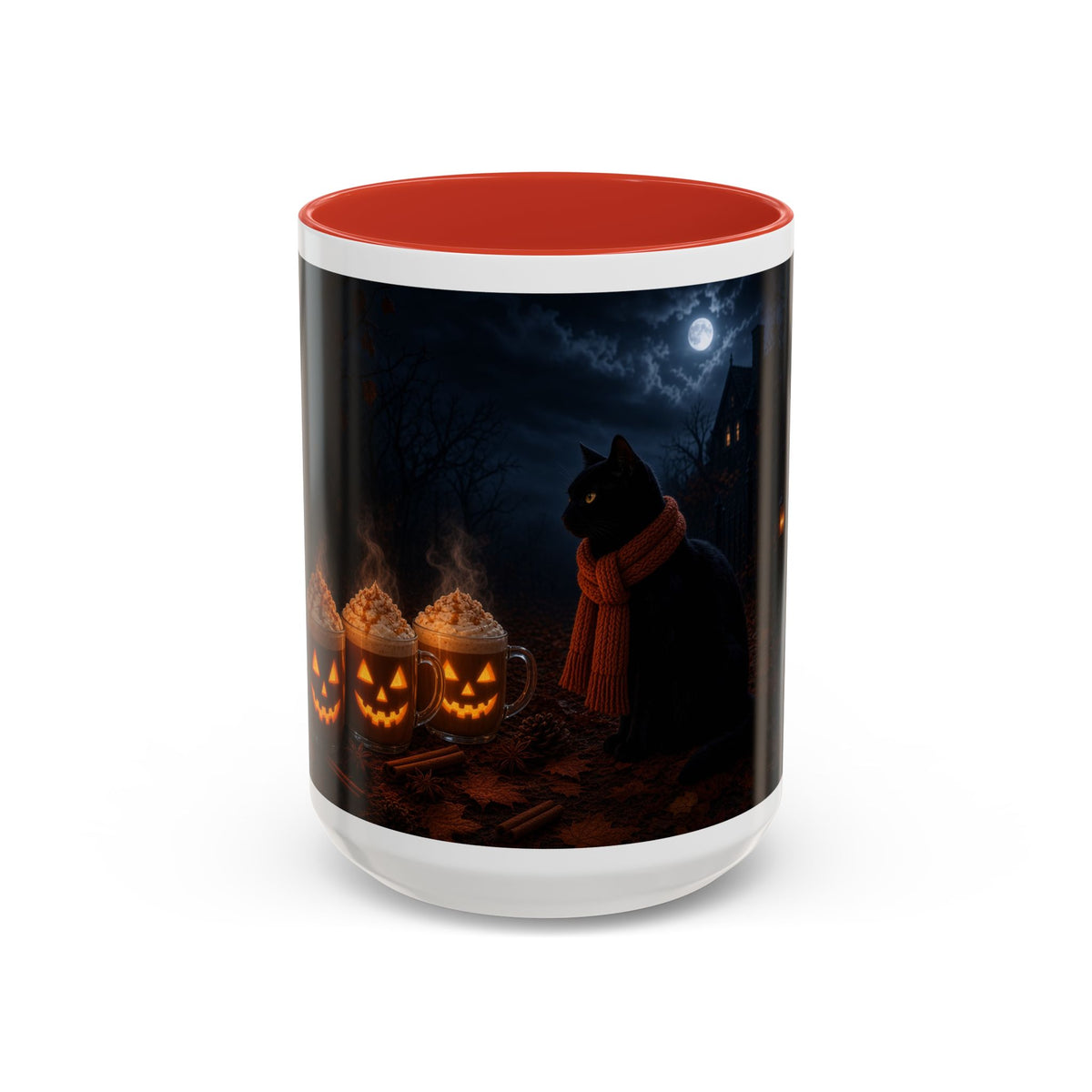 Halloween Black Cat Coffee Mug with Pumpkin Spice Jack-o’-Lanterns – Spooky Autumn Night Accent Mug
