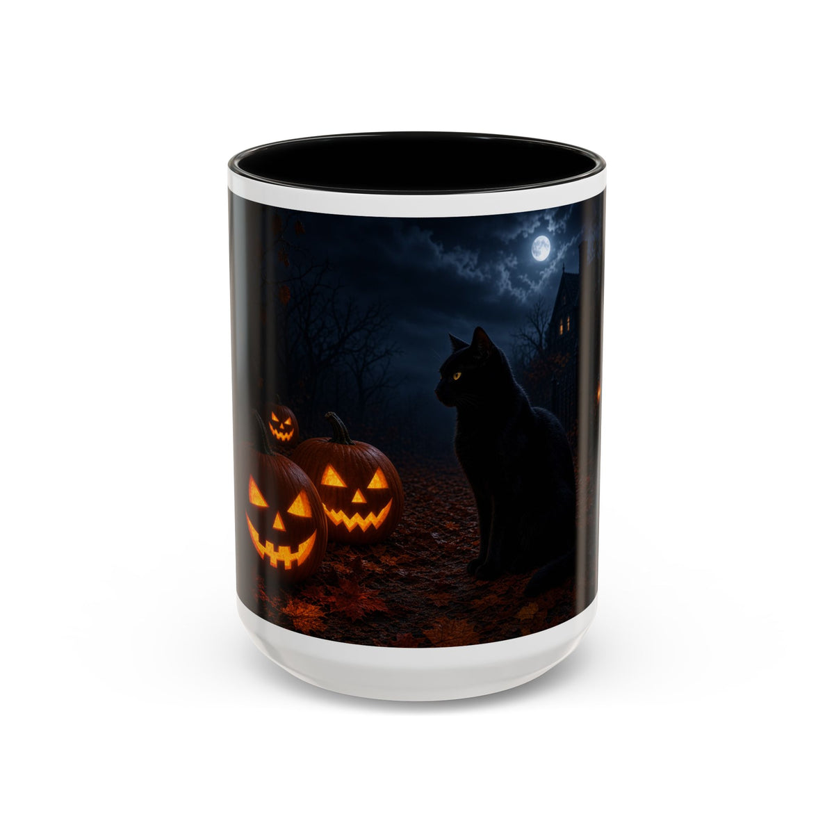 Halloween Black Cat Accent Coffee Mug — Spooky Jack-o'-Lantern Night (Customizable)