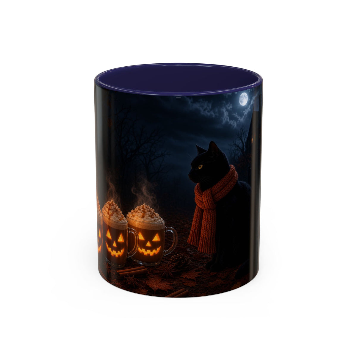 Halloween Black Cat Coffee Mug — Pumpkin Spice Jack-O’-Lantern Latte Accent Mug (11/15 oz)