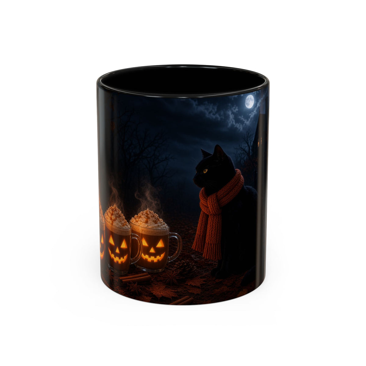 Halloween Black Cat Coffee Mug — Pumpkin Spice Jack-O’-Lantern Latte Accent Mug (11/15 oz)