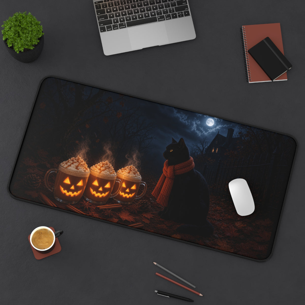 Halloween Cat Desk Mat — Black Cat with Pumpkin Spice Jack-O'-Lantern Mugs & Moonlit Night