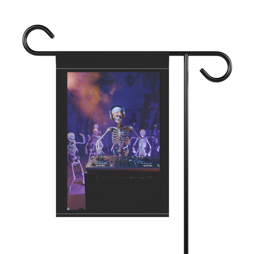 DJ Skeleton Halloween Garden Flag — Spooky Dancing Skeleton Outdoor Banner