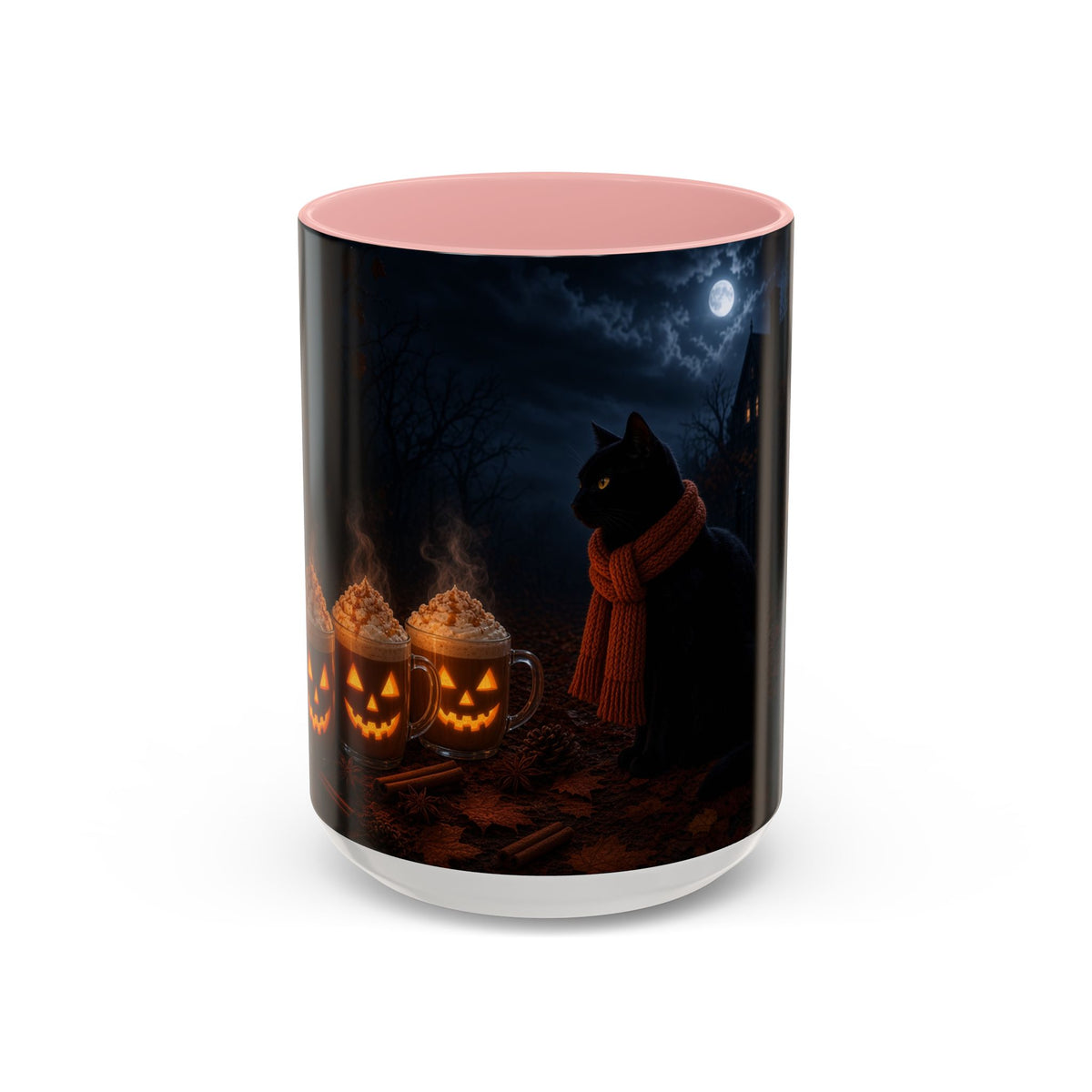 Halloween Black Cat Coffee Mug — Pumpkin Spice Jack-O’-Lantern Latte Accent Mug (11/15 oz)
