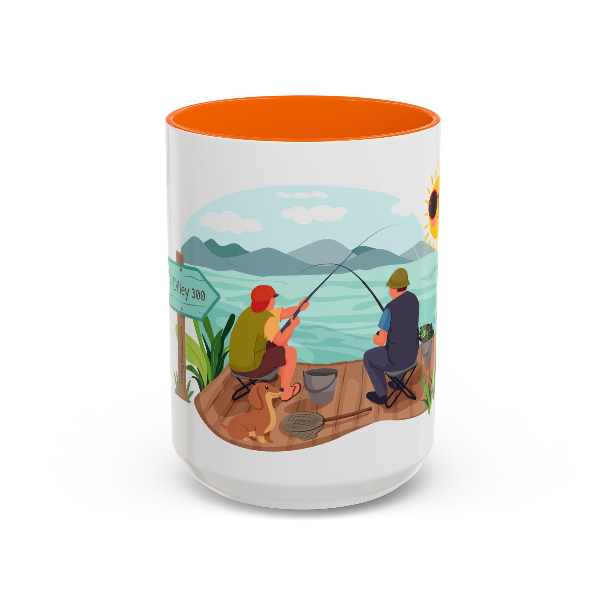 Dilley 300 Fishing Friends Coffee Mug — Cute Sunny Lake Scene Accent Mug (11/15 oz)