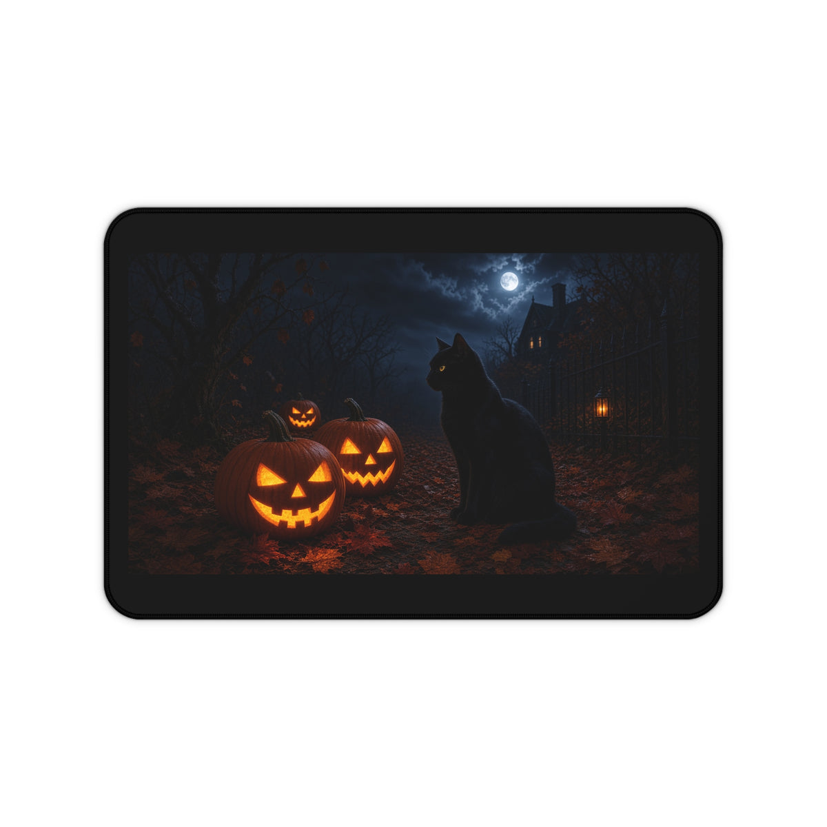 Halloween Black Cat Desk Mat with Jack-O'-Lanterns — Spooky Moonlit Office Mouse Pad