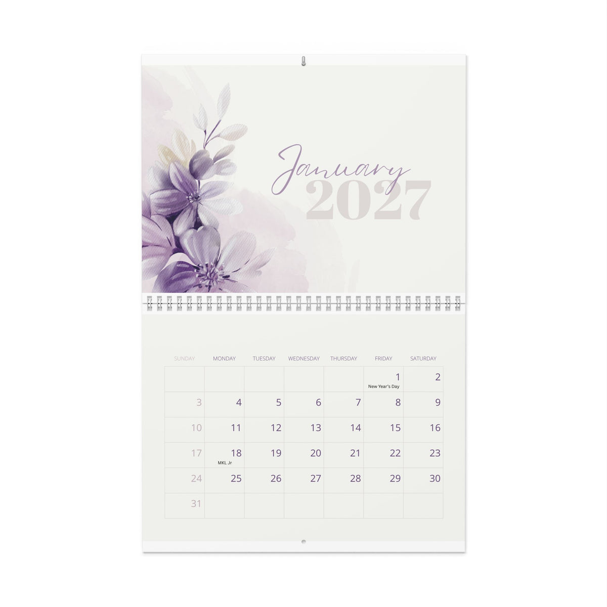 2027 Floral Wall Calendar – Pastel Lavender Monthly Planner