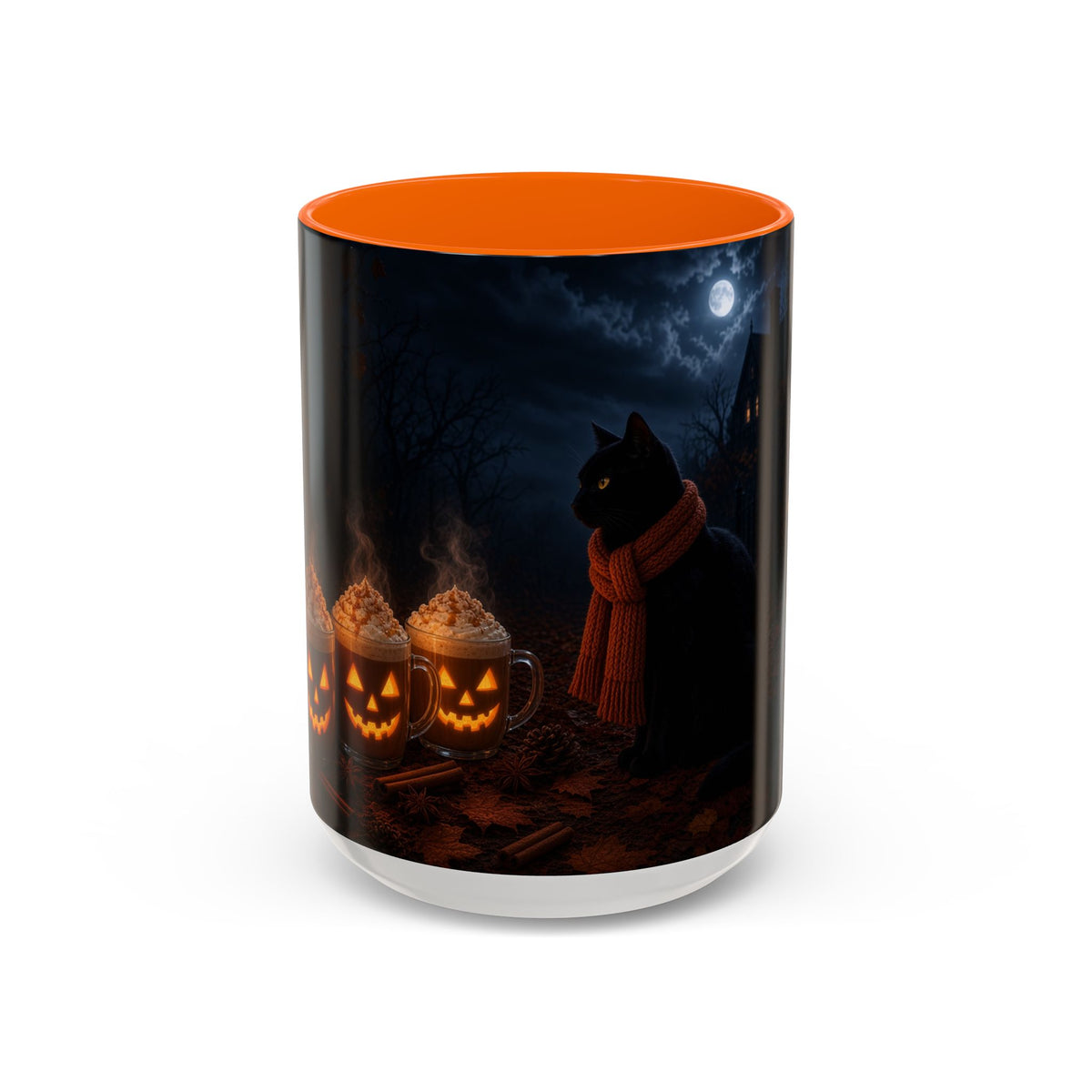 Halloween Black Cat Coffee Mug — Pumpkin Spice Jack-O’-Lantern Latte Accent Mug (11/15 oz)
