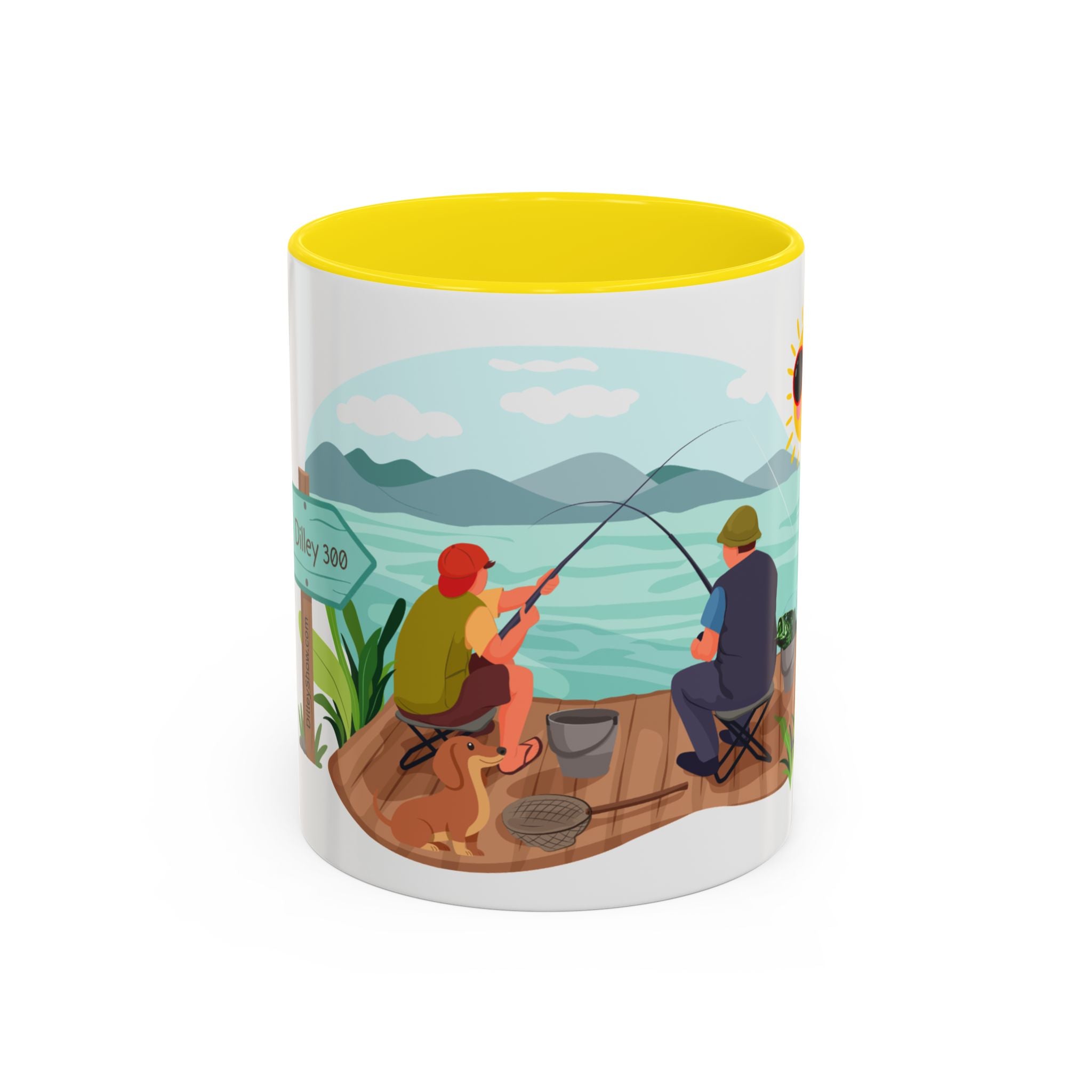 Dilley 300 Fishing Friends Coffee Mug — Cute Sunny Lake Scene Accent Mug (11/15 oz)